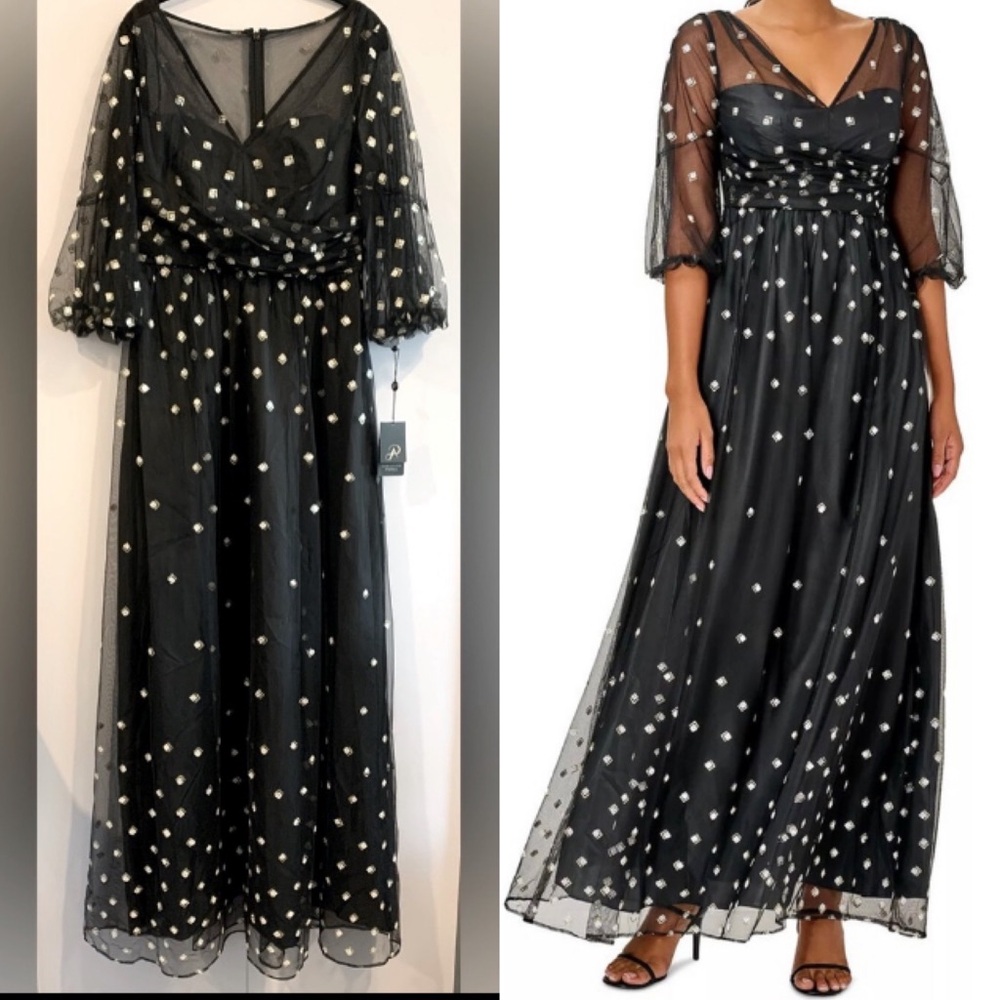NWT, Adrianna Papell "Glitter Tulle Long Dress" in Black w/ Puff Sleeve, Size 8